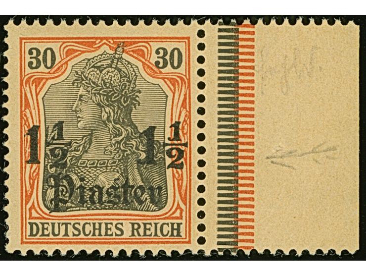 1½ Pia. auf 30 Pfg. mit Aufdruckfehler „Fußstrich sowie Anstrich der großen 1 der linken Wertangabe „1 ½“ abgebrochen“, postf