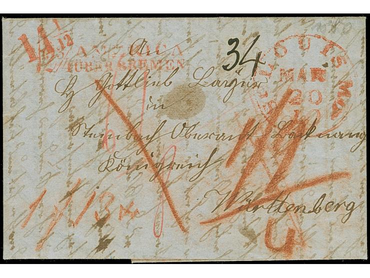 1850, "12¾ AMERICA ÜBER BREMEN" und "14 1/12", beide in rot auf komplettem, unbezahltem Faltbrief von St. Louis nach Backnang