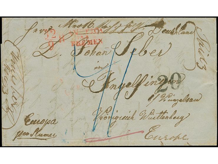 1852,"32/9 R AMERICA ÜBER BREMEN" in rot auf komplettem, unbezahltem Faltbrief von New York, mit rückseitigem Aufgabe Stempel