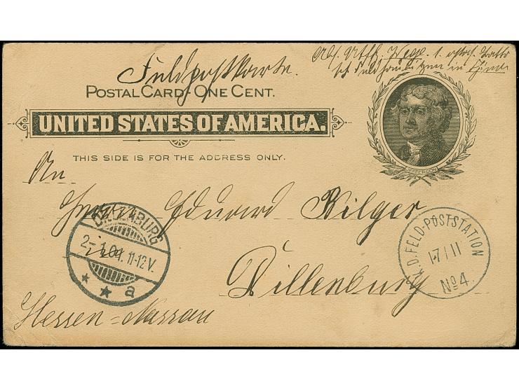"K. D. FELD-POSTSTATION No. 4" sauber auf amerikanischer Ganzsachenkarte, als Formular benutzt, mit Bedarfstext von Tongku na