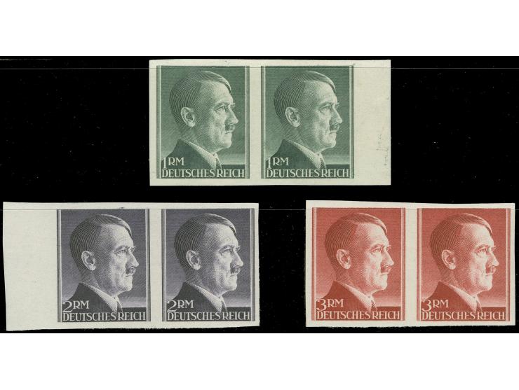 1942/44, Adolf Hitler 1 M.- 3 M. ungezähnt, in waagerechten Paaren, postfrisch, tadellos