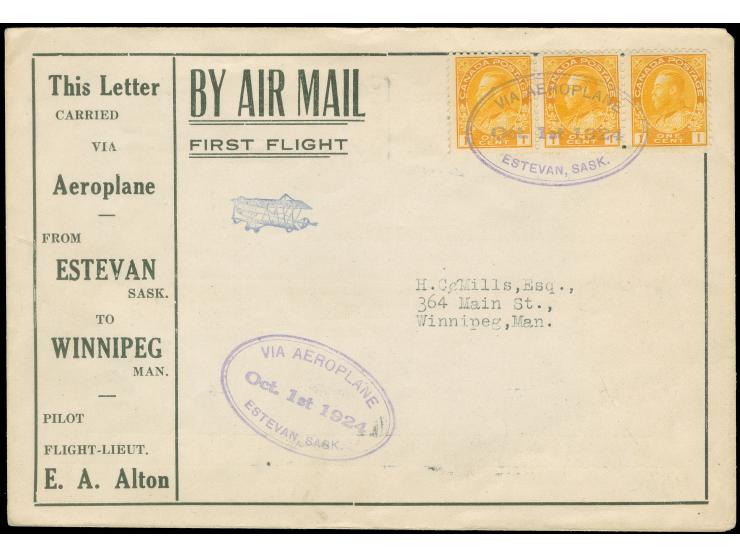 1924/25, First Flight Estevan-Winnipeg imprint on special first flight envelope with three 1 cent Admirals tied by violet Oct
