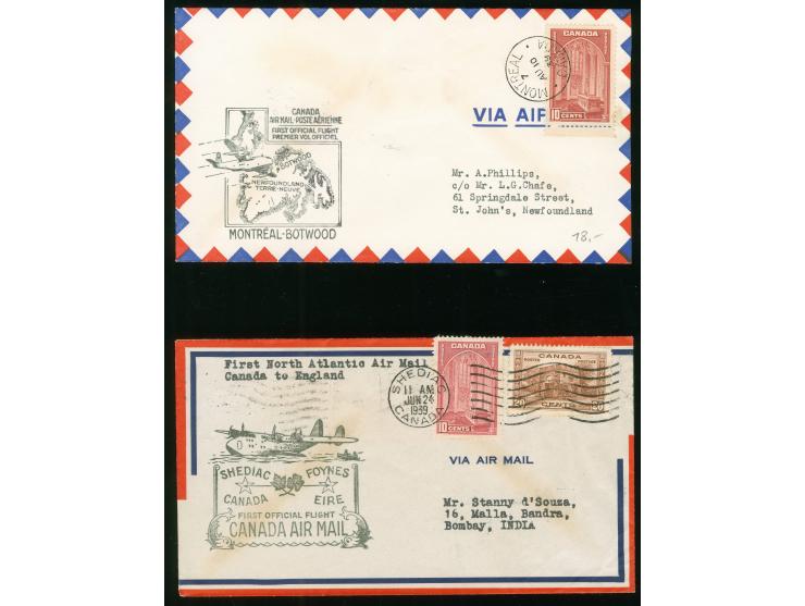 1930/39, Five air mail covers including first flights 1939 Shediac-Foynes (to India with arrival mark), Montreal-Foynes, Mont