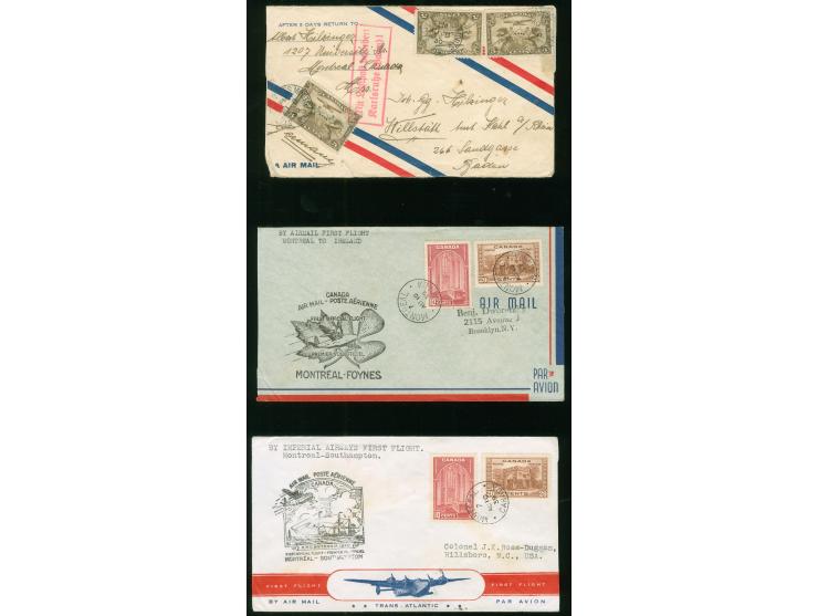 1930/39, Five air mail covers including first flights 1939 Shediac-Foynes (to India with arrival mark), Montreal-Foynes, Mont