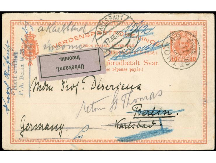 1909, postal stationery asking part 10 b. red cancelled ST THOMAS 27/11/1909 to Karlsbad Germany, addressee could not be foun