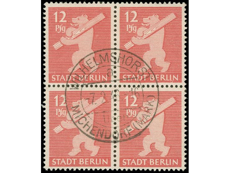 Berliner Bär 12 Pfg. mit Plattenfehler 'retuschierte Fußbinde', innerhalb eines Viererblocks, zentrisch und sauber gestempelt