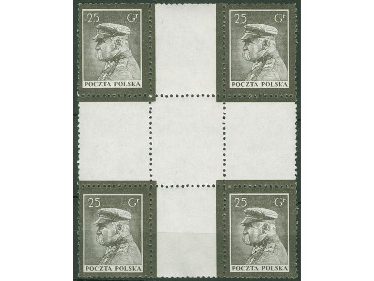 1935, Pilsudski mourning issue, 5g, 15g and 25g three different cross gutter blocks of four, mint never hinged, very fine (Sc