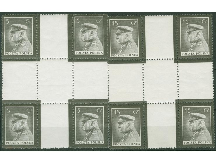 1935, Pilsudski mourning issue, 5g, 15g and 25g three different cross gutter blocks of four, mint never hinged, very fine (Sc