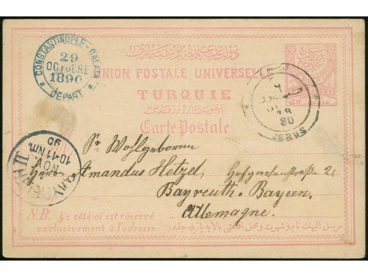 1890, "JERUS 18/OCT/90" cds. (Coles Walker no.3, RRR) on postal stationery card 20 para rose on buff, via Constantinople 29/1