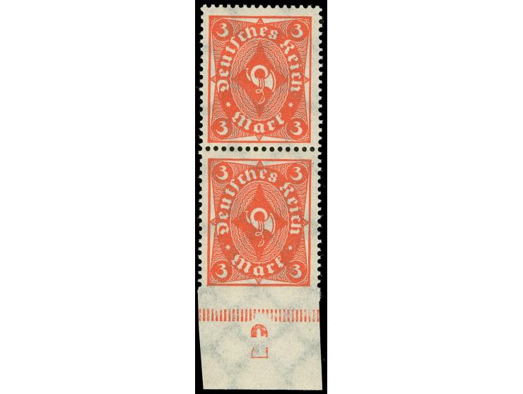 1922, Posthorn 3 M., senkrechtes Paar vom unteren Bogenrand, unten ungezähnt, postfrisch, einwandfrei. Unsigniert, Fotobefund