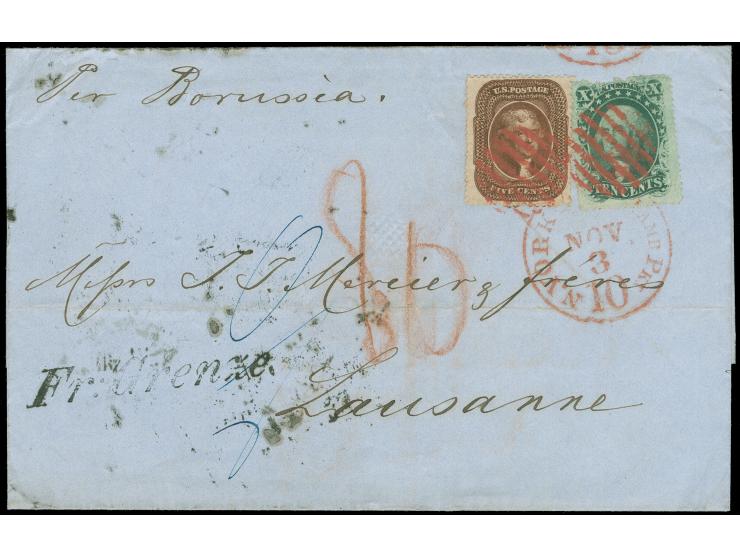1860, 5 c. brown and 10 c. green tied by clear grill obliterator in red to envelope, red "N. YORK PAID HAMB. PKT. 10 /NOV.3" 
