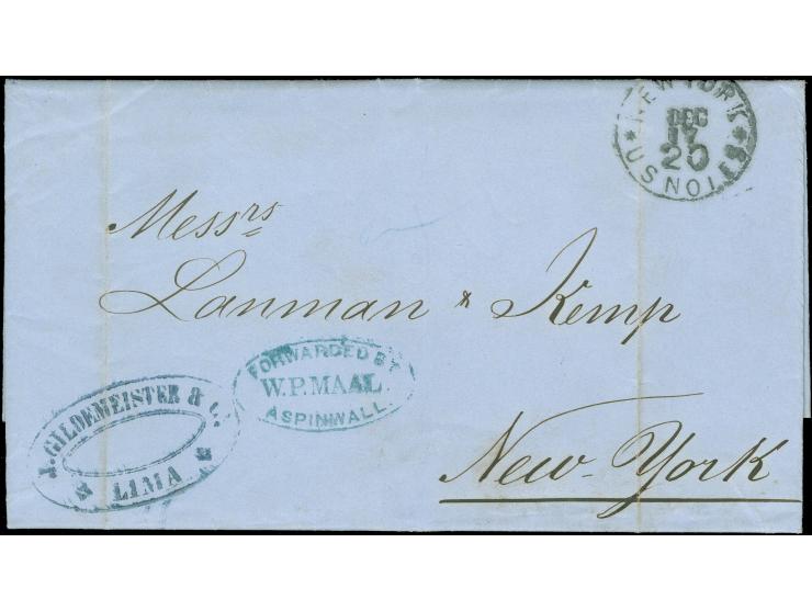 1873, folded commercial envelope with blue "GILDEMEISTER &amp; Co." from LIMA to Lanman &amp; Kemp in New York City, with blu