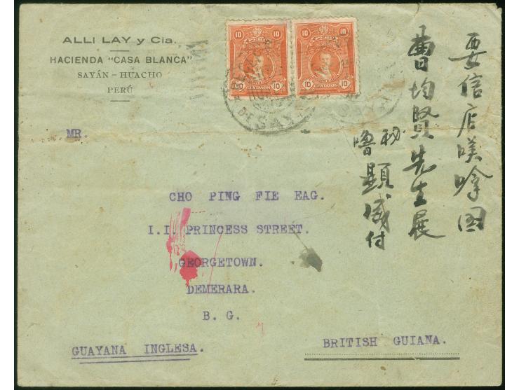 1930, two stamps 10 c. orange tied to commercial cover by Reception de Sayan cds. to Georgetown Demerara British Guiana via "