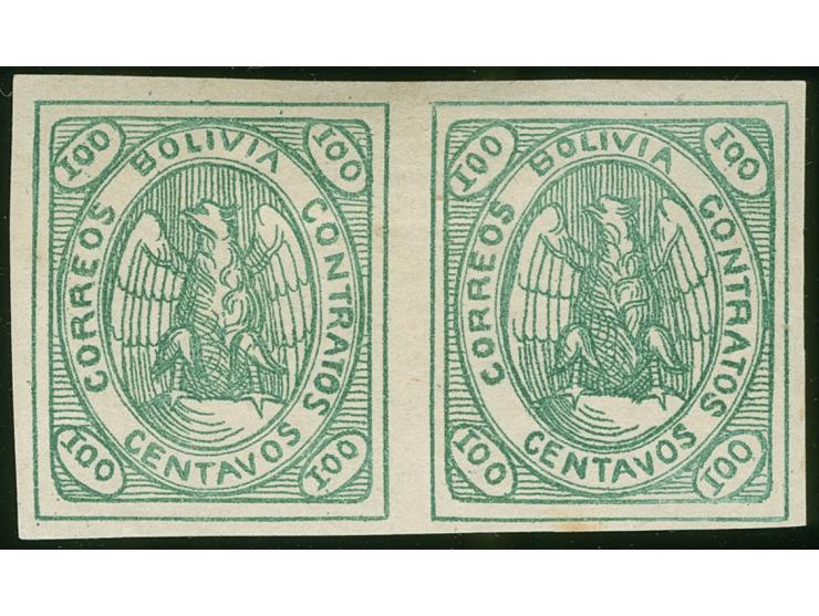 1868, Condor pair 100 c. green, Plate no.12 and 13, unused, tiny gum toned, otherwise fine (Scott 8)