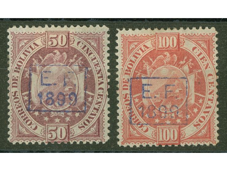 1899, postage 50 c. violett and 100 c. orange, each with violet handstamp overprint "E.F. 1899" (Estado Federal), perf 14, un