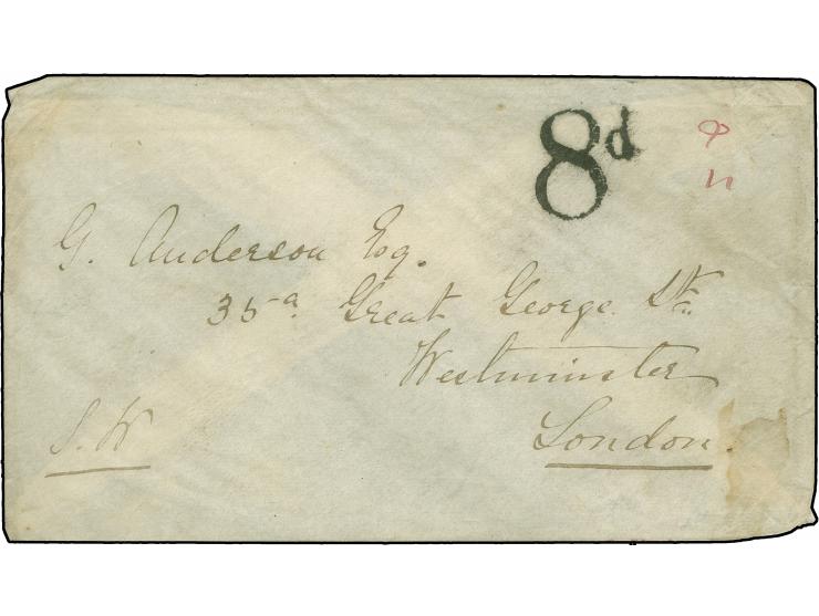 1882, stampless cover from Colombia to London with large "8d." tax marking, some border crease, red and black arrival marks o