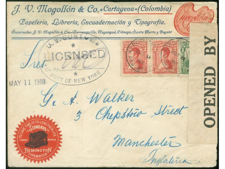 1918, Bolivar 1 c. green and pair 2 c. carmine rose on commercial cover from Cartagena tied by "N.Y.P.O. PENN. MAY/17/1918 PA