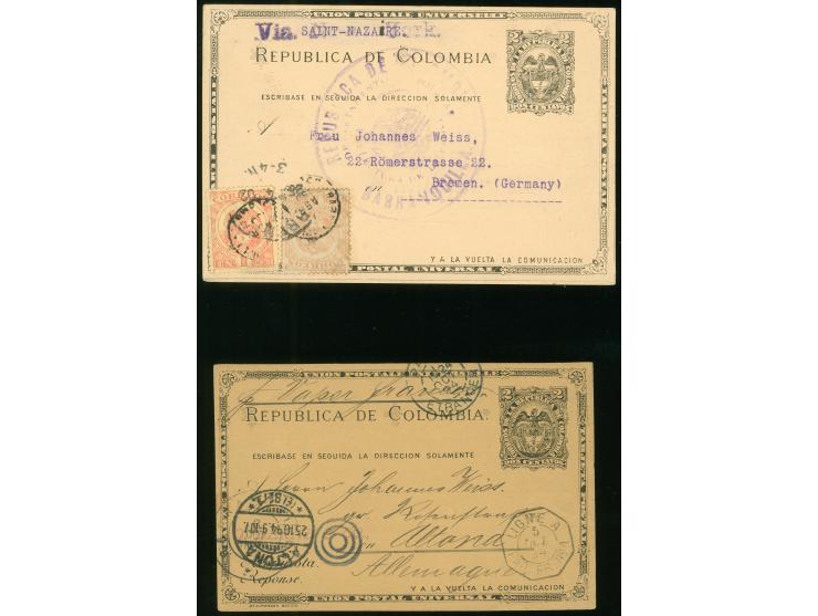 1902, 2 c. black on buff postal stationery card used uprated, two 2 c. orange (shades) tied by large violet "REPUBLIKA DE COL