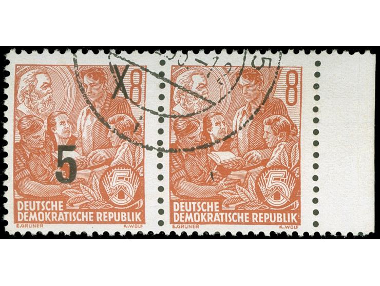 1954, Fünfjahresplan Neudruck 5 auf 8 Pfg. im waagerechten Paar vom rechten Bogenrand, dabei die rechte Marke ohne sichtbaren