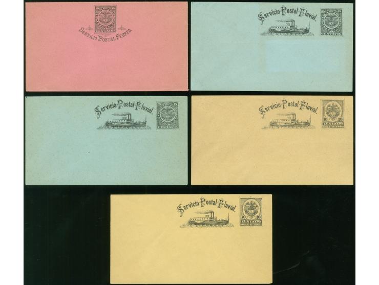 1893, Five stationery envelopes, 5 c. black on blue and 10 C black on yellow, four steam ship postal stationery envelopes "Se