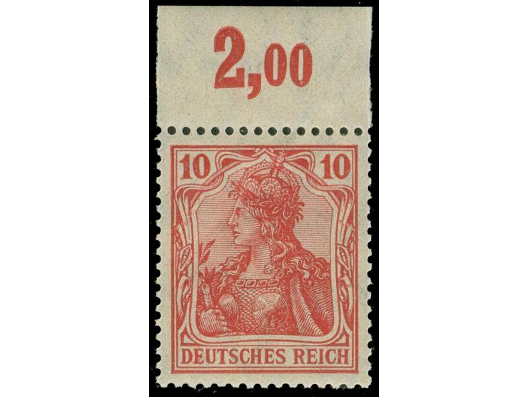 1905/13, Friedensdruck 10 Pfg. dunkelrosarot, postfrisches Oberrandstück, postfrisch, einwandfrei. Unsigniert, Fotoattest Jäs