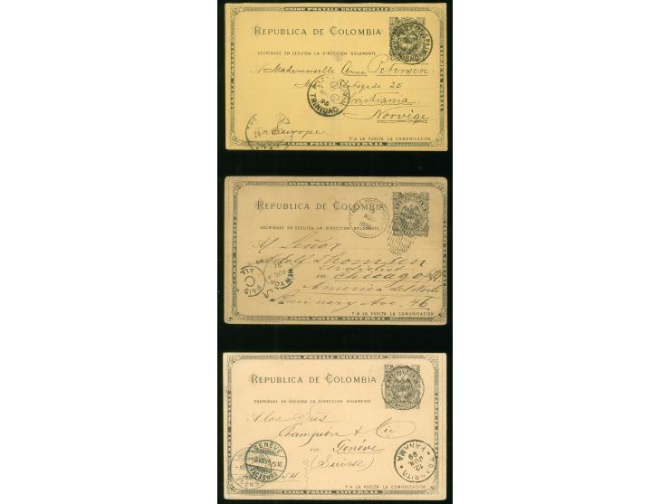 1895/99, Three postal stationery cards 2 c. black on buff/cream, first cancelled "PORT OF SPAIN TRINIDAD MR/5/95" cds. writte