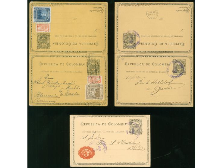 1895/99, Three postal stationery cards 2 c. black on buff/cream, two answering cards, one used uprated in 1948 written in Cuc