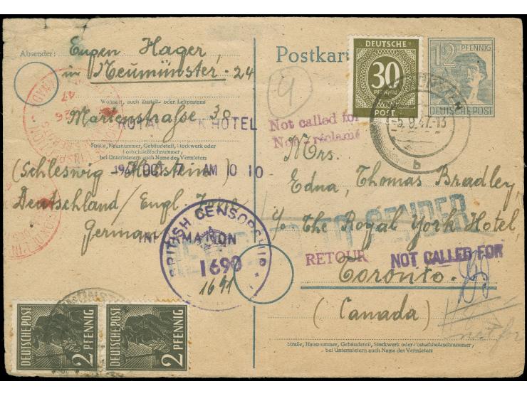 1947/48, Ganzsachenkarte 12 Pf von Neumünster Schleswig nach Toronto Canada und Brief von Abbehausen 1948 nach Südafrika (ung