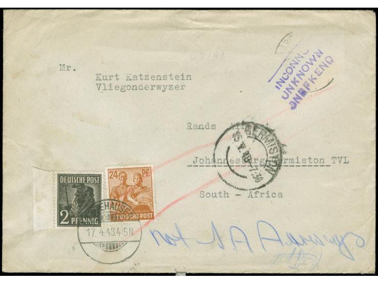 1947/48, Ganzsachenkarte 12 Pf von Neumünster Schleswig nach Toronto Canada und Brief von Abbehausen 1948 nach Südafrika (ung