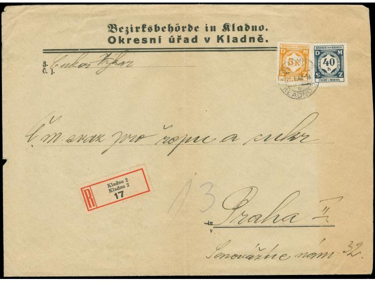 1942, Einschreiben mit MiF 40 H schwärzlichblau und 5 K dunkelgelblichorange von Kladno nach Prag (gefaltet), dazu Beleg vom 