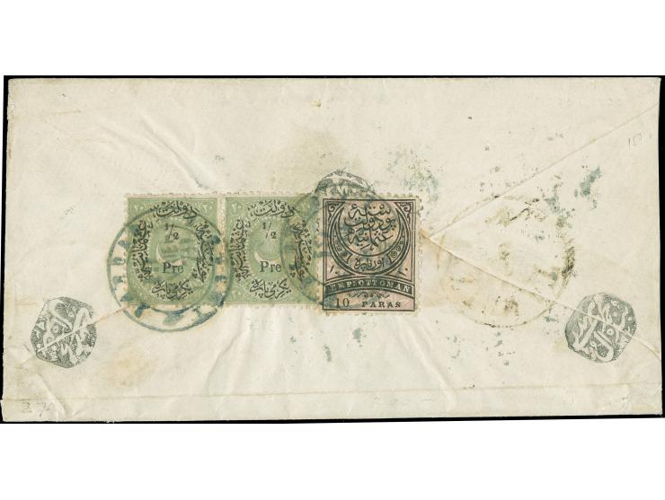 BAGDAD: "BAGDAD TURQUIE FEV 19 1879" on Duloz surcharge ½ pia. on 20 pa. green in horizontal pair in combination with Ampir 1
