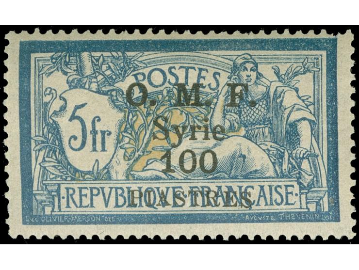 1920, 100 pia. on 5 fr. blue O.M.F. overprinted, unused, two short perfs, otherwise fine. (Yvert 43)