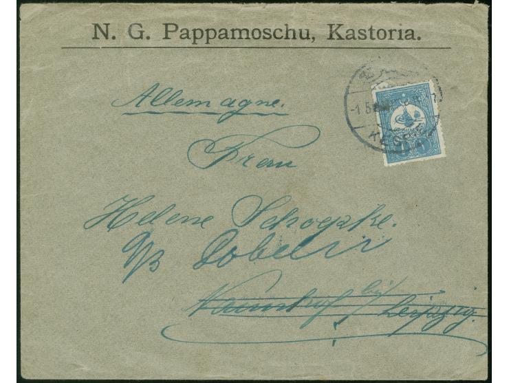 1909, Greece: "KESRIE 1/5" (A&amp;P no.3, RR, Kastoria) cds. on commercial imprint cover with 1 pia. blue to Germany, tiny bo