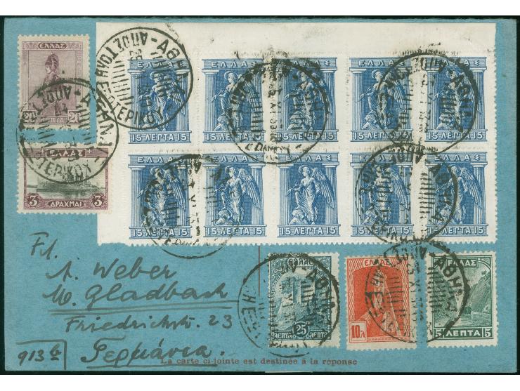 1933, Iris goddess of the rainbow, 15 L blue rouletted, a corner margin block of ten tied to a ‘postage-paid’ postcard with t