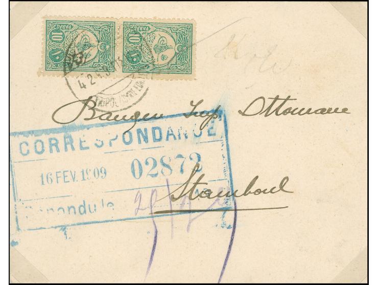 1909, TRIPOLI (SYRIE ECHELL) (Coles-Walker no.135) cancellation on OTTOMAN BANK correspondance card bearing pair 10 Para gree