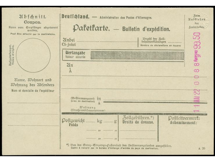 Diverses: 1922, Probeabschlag Anker-Registrierkasse 99,50 M. auf Paketkarte mit eingeprägtem Reichsadler, ohne Couponzeile