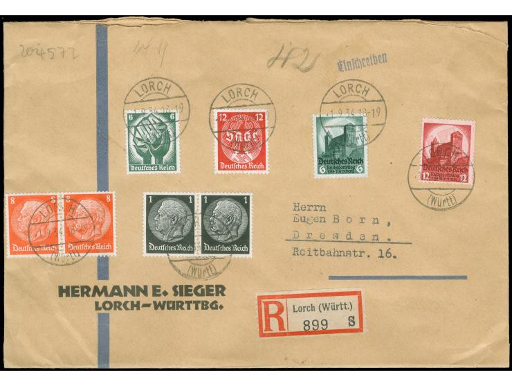 1934, Reichsparteitag 6 - 12 Pfg. mit Ersttagsstempel “LORCH 1.9.34”, mit Zufrankatur, als portogerechte Frankatur auf R-Brie