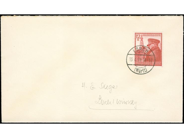 1939, Hitlers Geburtstag 12+38 Pfg. mit klarem Ersstagsstempel “LORCH 13.4.39” auf beschriftetem Umschlag (Mi. 500,-)