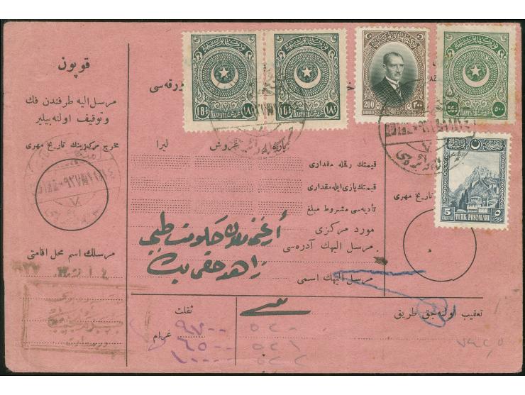 1927, Crescent and star issue 500 pia. green, 3rd London printing 200 pia. brown and pair 18¾ pia. greyish-black tied to parc