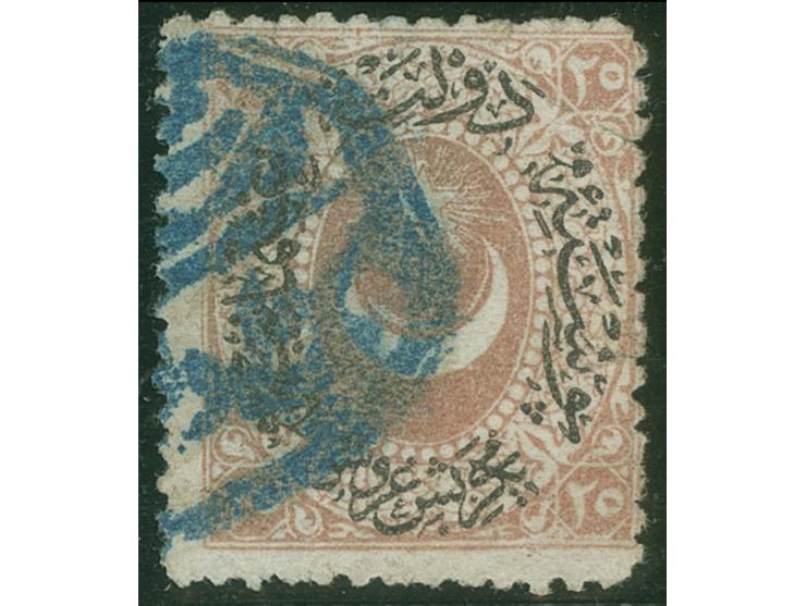 1876, 25 pia. rose-red, unissued stamp with clear postmark ‘BEYOGLU DÖRTYOLAGZI’ in blue, minimal tear at top right, only a f