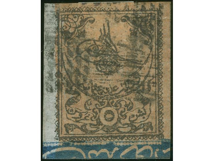 1863, 5 pia.red-brown left margin, clear cancelled, full to wide margines, very fine. (Isfila 10)