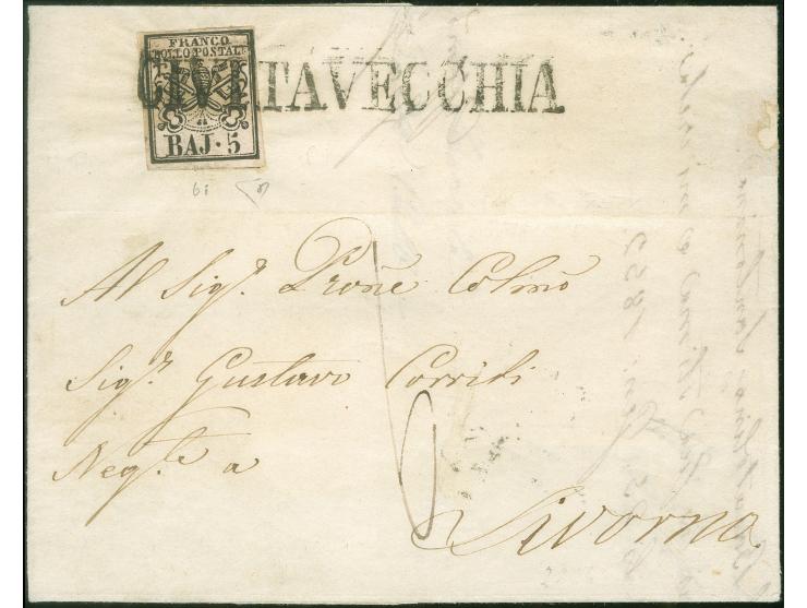 1852, 5 baj. on pink, full margins, tied to envelope by ‘CIVITAVECCHIA’ oneliner in black, on reverse arrival postmark ‘LIVOR