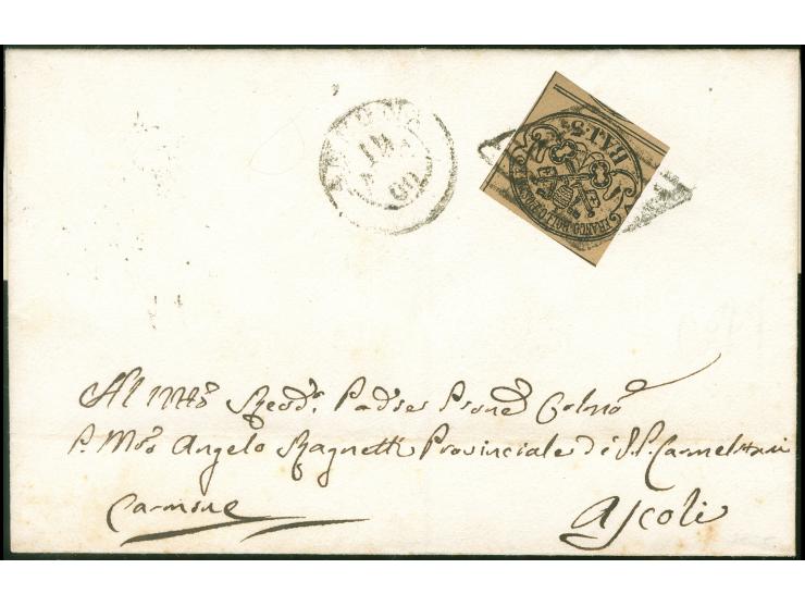 1860, 3 baj on brown, slightly touched on left with separation lines on three sides, tied by grid stamp to envelope from PIGL