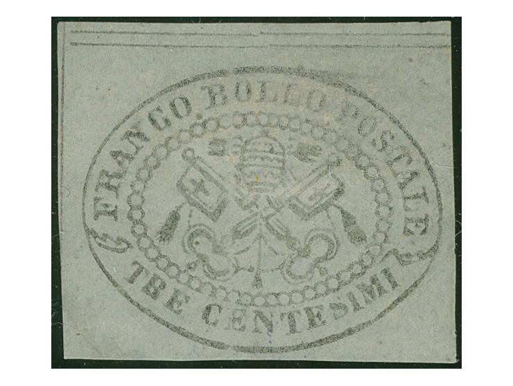 1867, 3 cmi. blueish-grey, good to wide margins with dividing lines on two sides, unused with large part original gum, very f