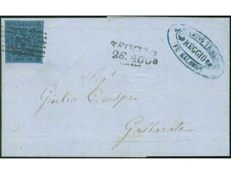 1854, 40 c blue, full margins with dividing line at right, tied to envelope by mute REGGIO mark to Gallarate with arrival pos