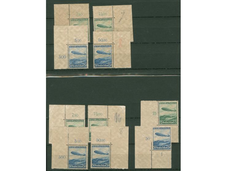 1936, Hindenburgfahrt 50 und 75 Pfg., obere Eckrandstücke links und rechts, je mit Wasserzeichen 4X und 4Y, sowie je ein unte