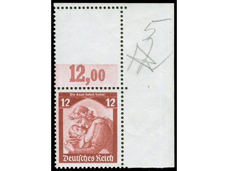 1935, Saarabstimmung 12 Pfg., Eckrandstück mit bedrucktem Leerfeld oben, postfrisch und tadellos; im Michel bislang nicht gel