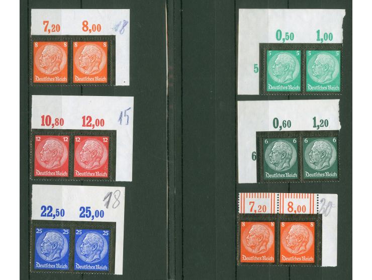 1934, Hindenburg Trauer 5-25 Pfg., waagerechte Eckrandstücke, 8 Pfg. mit Platten- sowie Walzenrand, postfrisch und tadellos (