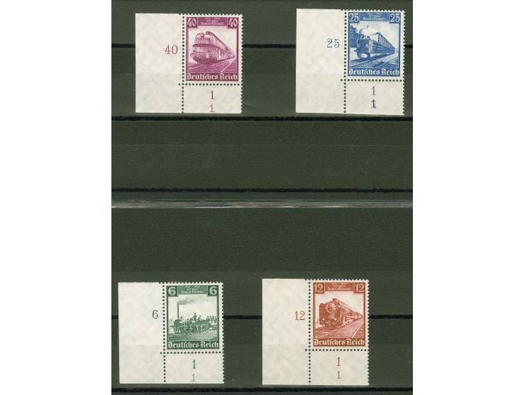 1935, 100 Jahre Deutsche Eisenbahn 6-40 Pfg., kpl., Eckrandstücke je mit Formnummer “1”. Ungefaltet, postfrisch und tadellos,