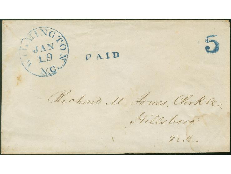 ‘Wilmington N.C. JAN 19’ (North Carolina) circular datestamp, handstamped ‘PAID’ and ‘5’ in blue on cover to Hillsboro N.C., 